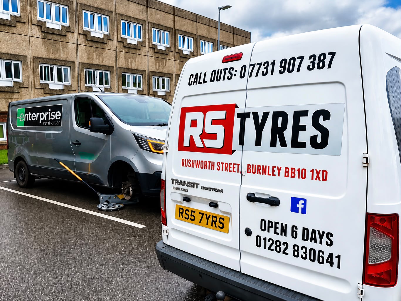 RS Tyres Transit van on a roadside callout — mobile tyre fitting